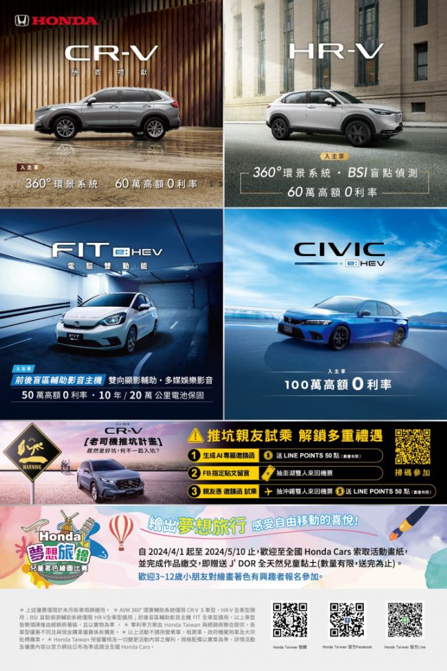 Honda橫掃2024車訊風雲獎三冠王榮耀 CR-V榮獲最佳國產中型SUV、FIT 3度蟬聯最佳國產小型車、 CIVIC e:HEV榮獲最佳進口中型車