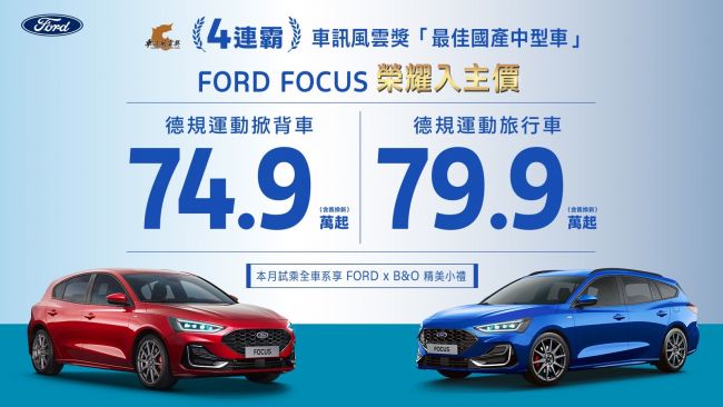 歡慶New Ford Focus蟬聯車訊風雲獎四連霸 榮耀入主74.9萬起 New Ford Kuga致勝升級79.9萬起 全車系再享車體險