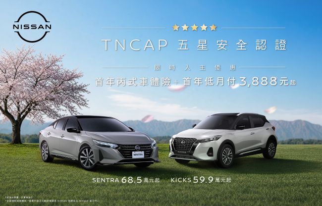NISSAN「安全獻禮」 限時入主KICKS及SENTRA即享多重安心守護 贈首年丙式車體險與首年低月付3,888優惠  輕鬆擁有五星安全車款