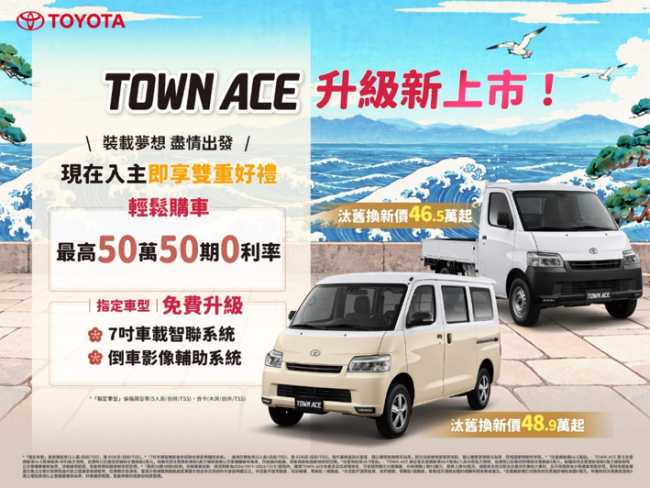 TOYOTA TOWN ACE升級新上市 指定車型配備再進化，裝載夢想、盡情出發！ 本月入主再享最高50萬50期零利率